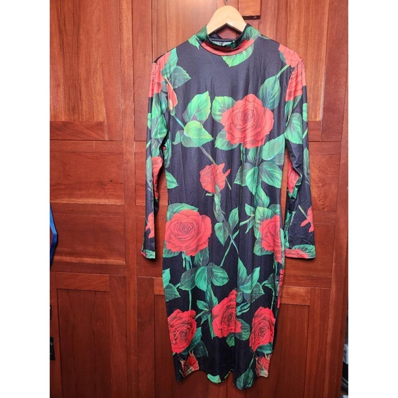 Womens Bodycon Dress 1XL Black Red Floral Mock Neck Long Sleeve Rose Print Chic - Picture 2 of 9